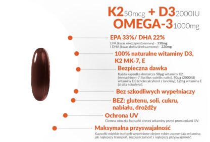 Witamina K2 MK-7 + D3 50mcg 2000IU+ OMEGA-3 Vit E 90 Kapsułek Miękkich