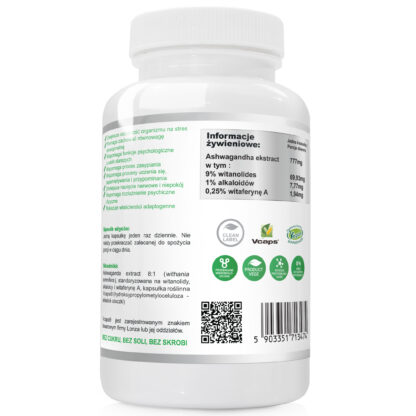 ASHWAGANDHA EXTRACT 777mg 9% WITHANOLIDES, 1% ALKALOIDS, 0,25 WITHAFERIN A 90 kapsułek