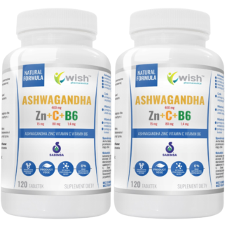 ASHWAGANDHA + CYNK + WITAMINA C + B6 1+1 GRATIS Stres Spokój 2 x 120 tabletek